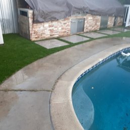 Synthetic grass border along a swimming pool